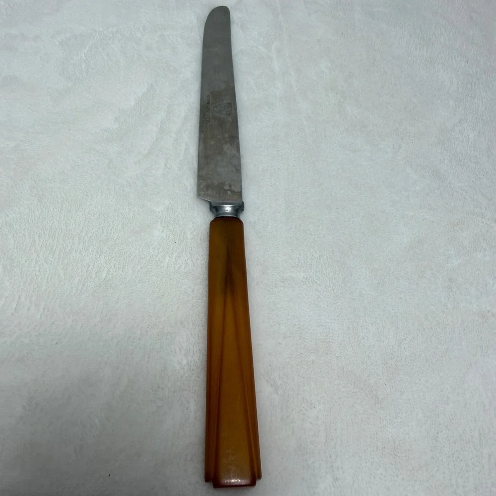 VTG Butterscotch Bakelite Handle Dinner Knife Art Deco Stainless Steel Blade‎